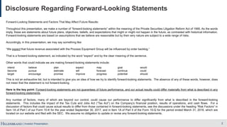 | Investor Presentation
Disclosure Regarding Forward-Looking Statements
Forward-Looking Statements and Factors That May Affect Future Results:
Throughout this presentation, we make a number of “forward-looking statements” within the meaning of the Private Securities Litigation Reform Act of 1995. As the words
imply, these are statements about future plans, objectives, beliefs, and expectations that might or might not happen in the future, as contrasted with historical information.
Forward-looking statements are based on assumptions that we believe are reasonable but by their very nature are subject to a wide range of risks.
Accordingly, in this presentation, we may say something like:
“We expect that future revenue associated with the Process Equipment Group will be influenced by order backlog.”
That is a forward-looking statement, as indicated by the word “expect” and by the clear meaning of the sentence.
Other words that could indicate we are making forward-looking statements include:
This is not an exhaustive list, but is intended to give you an idea of how we try to identify forward-looking statements. The absence of any of these words, however, does
not mean that the statement is not forward-looking.
Here is the key point: Forward-looking statements are not guarantees of future performance, and our actual results could differ materially from what is described in any
forward-looking statements.
Any number of factors, many of which are beyond our control, could cause our performance to differ significantly from what is described in the forward-looking
statements. This includes the impact of the Tax Cuts and Jobs Act (“Tax Act”) on the Company’s financial position, results of operations, and cash flows. For a
discussion of factors that could cause actual results to differ from those contained in forward-looking statements, see the discussions under the heading “Risk Factors” in
Item 1A of Part I of our Form 10-K for the year ended September 30, 2017, and in Item 1A of Part II of the Form 10-Q for the period ended March 31, 2018, which are
located on our website and filed with the SEC. We assume no obligation to update or revise any forward-looking statements.
2
intend believe plan expect may goal would
become pursue estimate will forecast continue could
target encourage promise improve progress potential should
 