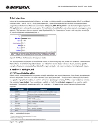 2Report #17, Sept 2013
Hacker Intelligence Initiative, Monthly Trend Report
2. Introduction
In this Hacker Intelligence Initiative (HII) Report, we look at in-the-wild modification and exploitation of PHP SuperGlobal
variables. This is a special case of a more general weakness called“External Variable Modification”. This weakness was
assigned a specific Common Weakness Enumeration (CWE) code, CWE-4732
by MITRE3
, with the following description:“A
PHP application does not properly protect against the modification of variables from external sources, such as query parameters
or cookies”. We have seen attackers abusing SuperGlobal variables for the purpose of remote code execution, remote file
inclusion, and security filter evasions attacks.
Figure 1 – PHP Rules the Application Development Market
This report provides an overview of the technical aspects of the PHP language that enable this weakness. It then explains
the mechanics of variable manipulation attacks, and it describes several attacks witnessed attacks, including specific
examples of captured malicious traffic and tools. The report concludes with recommendations to mitigate such attacks.
3. Technical Background
3.1 PHP SuperGlobal Variables
In PHP, as with most programming languages, variables are defined and bound to a specific scope. That is, a programmer
declares the variable name and can use it within the scope it was declared in – inside specific functions (local variables)
or a specific script (global variables). In addition to local and global scope variables, PHP has several predefined variables
that are called SuperGlobals. These variables are available to the PHP script in both scopes, with no need for explicit
declaration.4
SuperGlobals were introduced to PHP in version 4.1.0. Table 1 shows a list of the existing SuperGlobal
variables.
Variable Definition
1 GLOBALS References all variables available in global scope
2 _SERVER Server and execution environment information
3 _GET HTTP GET variables
4 _POST HTTP POST variables
5 _FILES HTTP File upload variables
6 _COOKIE HTTP Cookies
7 _SESSION Session variables
8 _REQUEST HTTP Request variables
9 _ENV Environment variables
Table 1 – SuperGlobals Variables
2
	http://cwe.mitre.org/data/definitions/473.html
3
	http://www.mitre.org
4
	http://php.net/manual/en/language.variables.SuperGlobals.php
 