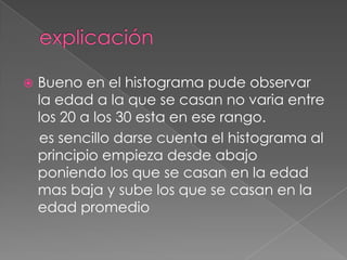    Bueno en el histograma pude observar
    la edad a la que se casan no varia entre
    los 20 a los 30 esta en ese rango.
    es sencillo darse cuenta el histograma al
    principio empieza desde abajo
    poniendo los que se casan en la edad
    mas baja y sube los que se casan en la
    edad promedio
 
