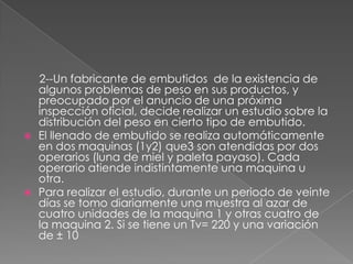2--Un fabricante de embutidos de la existencia de
    algunos problemas de peso en sus productos, y
    preocupado por el anuncio de una próxima
    inspección oficial, decide realizar un estudio sobre la
    distribución del peso en cierto tipo de embutido.
   El llenado de embutido se realiza automáticamente
    en dos maquinas (1y2) que3 son atendidas por dos
    operarios (luna de miel y paleta payaso). Cada
    operario atiende indistintamente una maquina u
    otra.
   Para realizar el estudio, durante un periodo de veinte
    días se tomo diariamente una muestra al azar de
    cuatro unidades de la maquina 1 y otras cuatro de
    la maquina 2. Si se tiene un Tv= 220 y una variación
    de ± 10
 