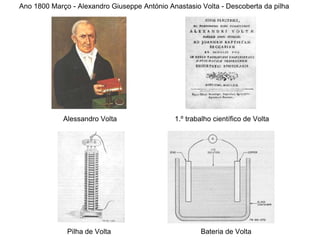 Ano 1800 Março - Alexandro Giuseppe António Anastasio Volta - Descoberta da pilha
Alessandro Volta 1.º trabalho científico de Volta
Pilha de Volta Bateria de Volta
 