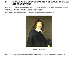 2.3. EVOLUÇÃO DO MAGNETISMO ATÉ À DESCOBERTA DO ELE-
CTROMAGNETISMO
Ano 1269 - Petrus Peregrinus - Descoberta do alinhamento dos magnetes naturais
Ano 1600 - William Gilbert - A Terra e as bússolas
Ano 1644 - René Descartes - Localização dos pólos magnéticos
Rene Descartes
Ano 1750 - John Michel - Descoberta da lei das forças entre pólos magnéticos
 