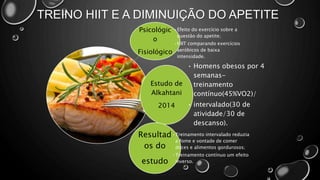 TREINO HIIT E A DIMINUIÇÃO DO APETITE
Psicológic
o
Fisiológico
•Efeito do exercício sobre a
questão do apetite;
•HIIT comparando exercícios
aeróbicos de baixa
intensidade.
Estudo de
Alkahtani
2014
• Homens obesos por 4
semanas-
treinamento
contínuo(45%VO2)/
• intervalado(30 de
atividade/30 de
descanso).
Resultad
os do
estudo
•Treinamento intervalado reduzia
a fome e vontade de comer
doces e alimentos gordurosos;
•Treinamento contínuo um efeito
inverso.
 