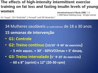 34 Mulheres saudáveis (e sedentárias) de 18 a 30 anos
15 semanas de intervenção
• G1: Controle
• G2: Treino contínuo (10/20’  40’ de exercício)
– 5 min aquec. + 30’ - 60%VO2max + 5’ desaq.
• G3: Treino intervalado (5’  20’ de exercício)
– 60 x 8” (sprint) x 12” (20-30 rpm)
 