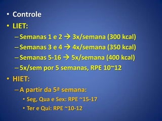 • Controle
• LIET:
–Semanas 1 e 2  3x/semana (300 kcal)
–Semanas 3 e 4  4x/semana (350 kcal)
–Semanas 5-16  5x/semana (400 kcal)
–5x/sem por 5 semanas, RPE 10~12
• HIET:
–A partir da 5ª semana:
• Seg, Qua e Sex: RPE ~15-17
• Ter e Qui: RPE ~10-12
 