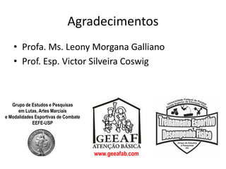 Agradecimentos
• Profa. Ms. Leony Morgana Galliano
• Prof. Esp. Victor Silveira Coswig

Grupo de Estudos e Pesquisas
em Lutas, Artes Marciais
e Modalidades Esportivas de Combate
EEFE-USP

www.geeafab.com

 