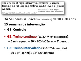 34 Mulheres saudáveis (e sedentárias) de 18 a 30 anos
15 semanas de intervenção
• G1: Controle
(10/20’  40’ de exercício)
– 5 min aquec. + 30’ - 60%VO2max + 5’ desaq.

(5’  20’ de exercício)
– 60 x 8” (sprint) x 12” (20-30 rpm)

 