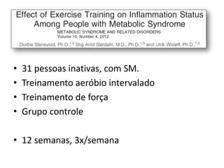 •
•
•
•

31 pessoas inativas, com SM.
Treinamento aeróbio intervalado
Treinamento de força
Grupo controle

• 12 semanas, 3x/semana

 