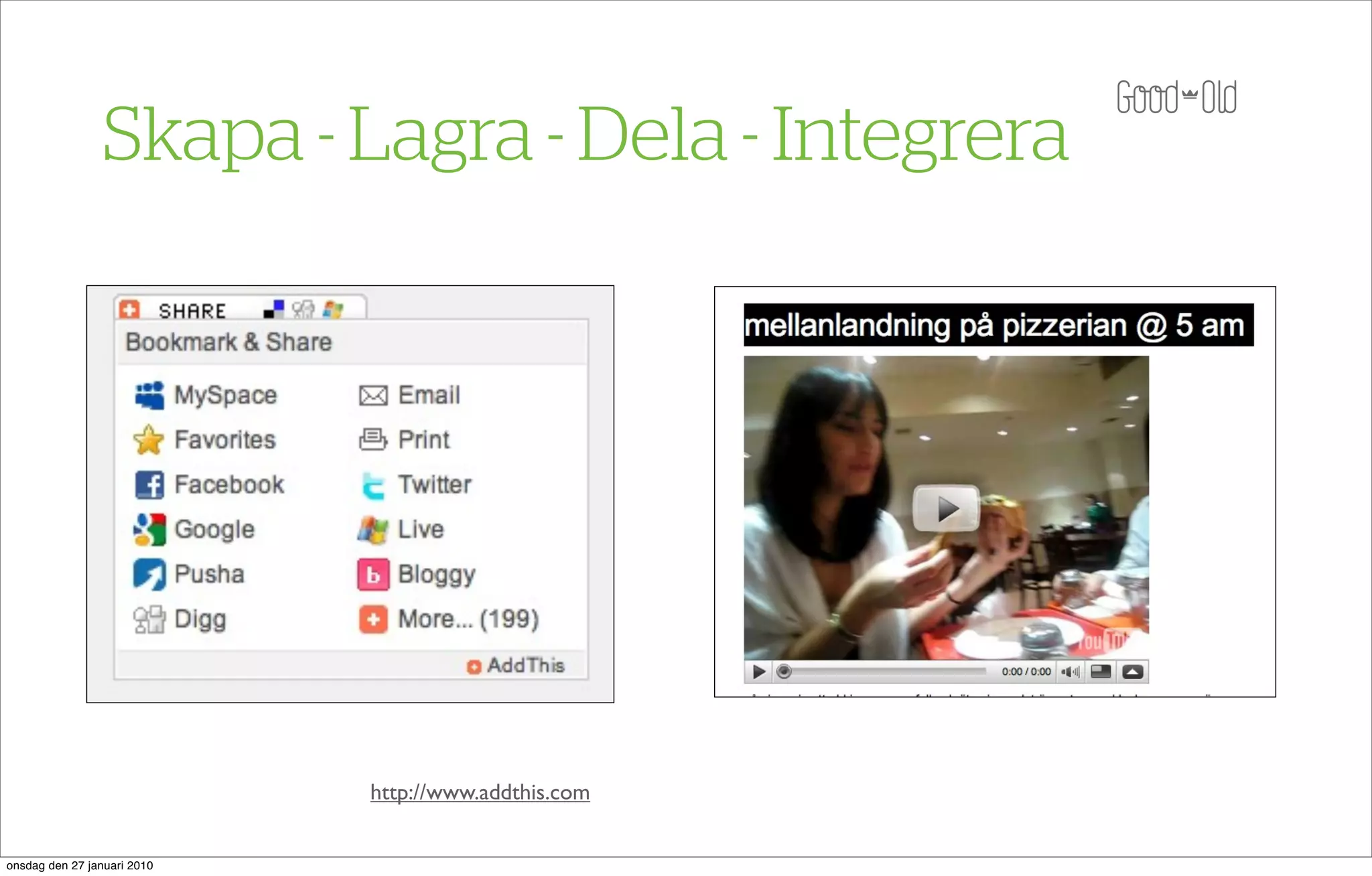 Skapa - Lagra - Dela - Integrera




                             http://www.addthis.com


onsdag den 27 januari 2010
 