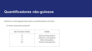 Quantificadores não-gulosos
Adicionar a interrogação logo após os quantificadores normais
O menor casamento possível
METACARACTERES NOME
??
*?
+?
{}?
Opcional não-guloso
Asterisco não-guloso
Mais não-guloso
Chaves não-gulosas
 
