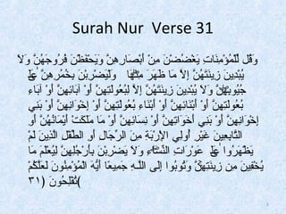 Surah Nur Verse 31 
وَا قُنّل  لّلِْلْنَمُنّؤْنَمِنَّنَا ارتِنَّ يَا غْنَضُنّضْنَنَا  مِنَّنْنَ أَا بْنَصَا ار رِنَّهِنَّنَّ  وَا يَا حْنَفَا ظْنَنَا  فُنّ روجَا هُنّنَّ  وَا لَا  
يُنّبْنَدِنَّينَا  زِنَّينَا تَا هُنّنَّ  إِنَّلَّ  مَا ار ظَا هَا  رَا  مِنَّنْۖنَهَا ار وَا لِْنَيَا ضْنَ رِنَّبْنَنَا  بِنَّخُنّمُنّ رِنَّهِنَّنَّ  عٰىَا لَا  
جُنّيُنّوبِنَّهِۖنَّ نَّ  وَا لَا  يُنّبْنَدِنَّينَا  زِنَّينَا تَا هُنّنَّ  إِنَّلَّ  لِِنَّبُنّعُنّولَِا تِنَّهِنَّنَّ  أَا وْنَ آبَا ارئِنَّهِنَّنَّ  أَا وْنَ آبَا ارءِنَّ 
بُنّعُنّولَِا تِنَّهِنَّنَّ  أَا وْنَ أَا بْنَنَا ارئِنَّهِنَّنَّ  أَا وْنَ أَا بْنَنَا ارءِنَّ بُنّعُنّولَِا تِنَّهِنَّنَّ  أَا وْنَ إِنَّخْنَوَا اننِنَّهِنَّنَّ  أَا وْنَ بَا نِنَّي  
إِنَّخْنَوَا اننِنَّهِنَّنَّ  أَا وْنَ بَا نِنَّي  أَا خَا وَا انتِنَّهِنَّنَّ  أَا وْنَ نِنَّسَا ارئِنَّهِنَّنَّ  أَا وْنَ مَا ار مَا لَا كَا تْنَ أَا يْنَمَا ارنُنّهُنّنَّ  أَا وِنَّ 
انلِتَّ اربِنَّعِنَّينَا  غَا يْنَ رِنَّ أُنّولِِنَّي  انلْنَِنَّ رْنَبَا ةِنَّ مِنَّنَا  انلِ رجَا ارلِنَّ أَا وِنَّ انلِطِّلْفْنَل ِنَّ انلَّ ِذِنَّينَا  لَِا مْنَ 
يَا ظْنَهَا  رُنّوان عٰىَا لَا  عَا وْنَ رَا انتِنَّ انلِنّلْسَا ارءِۖنَّ وَا لَا  يَا ضْنَ رِنَّبْنَنَا  بِنَّأَا  رْنَجُنّلِنَّهِنَّنَّ  لِِنَّيُنّعْنَلَا مَا  مَا ار 
يُنّخْنَفِنَّينَا  مِنَّن زِنَّينَا تِنَّهِنَّ نَّ  وَا تُنّوبُنّوان إِنَّلَِا ى انلِلَّ ـهِنَّ جَا مِنَّيعًار أَا يّهَا  انلِْنَمُنّؤْنَمِنَّنُنّونَا  لَِا عَا لَّ كُنّمْنَ 
﴾تُنّفْنَلِنَّحُنّونَا  ﴿ ٣١ 
5 
 