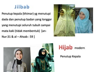 Penutup kepala (khimar) yg menutupi
dada dan penutup badan yang longgar
yang menutupi seluruh tubuh sampai
mata kaki (tidak membentuk) [an-
Nur:31 & al – Ahzab : 59 ]


                                               modern

                                      Penutup Kepala
 