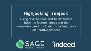 Highjacking Treejack
Using reverse card-sort to determine
both the feature names and the
categories used to cluster those features -
an iterative process
 