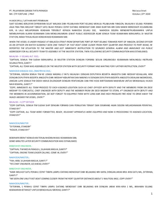 1
PT. PELAYARAN CARAKA TIRTA PERKASA Malacca Strait
MV. CTP FORTUNE / PNIF October, 07th 2020
HIJACK DRILL / LATIHAN ANTI PEMBAJAK
SAAT SEDANG BERLAYAR DIPERAIRAN SELAT MALAKA DARI PELABUHAN PORT KELANG MENUJU PELABUHAN YANGON, MUALIM-II SELAKU PERWIRA
JAGA TIBA-TIBA MELIHAT TARGET SATU BUAH PERAHU CEPAT DATANG MENDEKAT DARI ARAH BURITAN KIRI DAN MAKIN MENDEKATI KELAMBUNG
KIRI, IA LALU MELAPORKAN KEADAAN TERSEBUT KEPADA NAKHODA SELAKU SSO, NAKHODA SEGERA MENGINSTRUKSIKANNYA UNTUK
MEMBUNYIKAN ALARM KEAMANAN DAN MENGUMUMKAN LEWAT PUBLIC ADDRESSOR AGAR SEMUA TEAM KEAMANAN BERKUMPUL DI MUSTER
STATION, MAKA TERJALINLAH KOMUNIKASI KEAMANAN SBB:
WHEN THE VESSEL IS UNDER PASSAGE AT MALACCA STRAIT FROM DEPARTURE PORT OF PORT KELANG TOWARDS PORT OF YANGON, SECOND OFFICER
AS AN OFFICER ON WATCH SUDDENLY SEEN ONE TARGET OF FAST BOAT COME CLOSER FROM PORT QUARTER AND PROCEED TO PORT BEAM, HE
REPORTED THE SITUATION TO THE MASTER AND GOT IMMEDIATE INSTRUCTION TO SOUNDED GENERAL ALARM AND ANNOUNCE VIA PUBLIC
ADDRESSOR FOR ALL SECURITY TEAMTO ASSEMBLY AT THE MUSTER STATION, THEN FOLLOWING SECURITY COMMUNICATION WASESTABLISHED;
MUALIM– II SELAKU ALT. SSO,-
“CAPTAIN, SEMUA TIM SUDAH BERKUMPUL DI MUSTER STATION DENGAN FORMASI SESUAI ORGANISASII KEAMANAN MENUNGGU INSTRUKSI
SELANJUTNYA, GANTI?
“CAPTAIN, ALL TEAM WAS ASSEMBLED ON THE MUSTER STATION WITH SECURITY FORMAT AND WAITING FOR F URTHER INSTRUCTION, OVER?”
NAKHODA SEBAGAI SSO,-/MASTER AS SSO,-
“DITERIMA, SEGERA SEMUA TIM KE LOKASI MASING-2 YAITU MUALIM-I DENGAN DEPUTINYA BESERTA ANGGOTA DARI MIDSHIP KEHALUAN, KKM
DENGAN DEPUTINYA BESERTA ANGGOTA DARI MIDSHIP KEBURITAN DAN MASINIS-IV DENGAN DEPUTINYA BESERTA ANGGOTA DIDALAM AKOMODASI,
JANGAN LUPA SEMUA TIM DIDEK HARUS DILENGKAPI DENGAN PENTUNGAN DAN FIRE HOSE BERTEKANAN MAXIMUM UNTUK MENGHALAU HIJACK
NAIKKEKAPAL, GANTI?”
“COPY, IMMEDIATE ALL TEAM PROCEED TO EACH ASIGNED LOCATION SUCH AS CHIEF OFFICER WITH DEPUTY AND THE MEMBERS FROM ON DECK
MIDSHIP TO FORECASTLE, CHIEF ENGINEER WITH DEPUTY AND THE MEMBER FROM ON DECK MIDSHIP TO STERN, 4TH ENGINEER WITH DEPUTY AND
THE MEMBERS IN ACCOMMODATION, DO NOT FORGET TO EQUIPPED THEM WITH LONG BAR AND HIGH PRESSURE FIRE HOSE TO DRIVE AWAY THE
HIJACK ABOARDTHE VESSEL, OVER?”
MUALIM – II/2ND OFFICER
“COPY CAPTAIN, SEMUA TIM SUDAH SIAP DENGAN FORMASI DAN PERALATAN TERKAIT DAN SEKARANG AKAN SEGERA MELAKSANAKAN PERINTAH,
STAND BY!”
“COPY CAPTAIN, ALL TEAM WERE FORMATTED, READY, RELEVANT APPARATUS WERE EQUIPPED AND NOW IS PROCEEDING TO ASIGNED LOCATION,
STAND BY!”
NAKHODA/MASTER
"DITERIMA, STANDBY"
“ROGER, STAND BY!”
BEBERAPA MENIT KEMUDIAN TERJALINKOMUNIKASI KEAMANAN SBB;
SOME MINUTES LATER SECURITY COMMUNICATION WAS ESTABLISHED;
KKM/CHIEF ENGINEER,-
“CAPTAIN, TIMMESIN PANGGIL, SILAHKAN MASUK, GANTI?”
“CAPTAIN, ENGINE TEAMLEADER CALLING, COME IN, OVER?”
NAKHODA/MASTER,-
“YAH, KKM, SILAHKAN MASUK, GANTI?”
“YES CHIEF ENGINEER, GO AHEAD, OVER?”
KKM/CHIEF ENGINEER,-
“KAMI MELIHAT SATU PERAHU CEPAT TANPA LAMPU DATANG MENDEKAT DARI BELAKANG KIRI KAPAL DENGAN JARAK KIRA-KIRA SATU MIL, DITERIMA,
GANTI?”
“WE SEEN ONE UNLIT FAST BOAT COMING CLOSER FROMTHE PORT QUARTER DISTANCESABOUT 1 NAUTICAL MILE, COPY OVER?”
NAKHODA/MASTER,-
“DITERIMA, 1 PERAHU CEPAT TANPA LAMPU DATANG MENDEKAT DARI BELAKANG KIRI DENGAN JARAK KIRA-KIRA 1 MIL, ARAHKAN SELANG
KEBAKARAN KETARGET UNTUKMENGHALAU MEREKA, GANTI?”
 