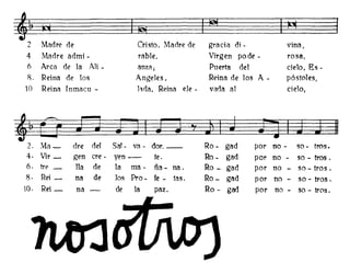 ~ ~~ ~
¡e¡
I ~~
'"l
Madre de Cristo. Madre de gracia di- vina,/..
4 Madre admi- rabIe, Virgen pode - rosi'J,
6 Arca de la AH - anzi'l" Puerta del cielo, Es-
B. Reina de los Angeles, Reina de los A - póstoles,
10 Reina fnmacu - l"Ida, Reina ele - vada al cielo,
.- ~ : m ~'1
2. Ma- dre del Sal - va· doro __ Ro - gad por no - so - tros.
4. Vir_ gen ere - yen - te. Ro - gad por no - so - tros.
6. tr.. - na de la ma· ña - na. Ro - gad por no - so - tros .
8· Rei _ na de los Pro- fe - taso Ro- gad por no - so - tros.
10. Rei_ na de la paz. Ro - gad por no - so - tras.
 