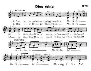 M7bDios reina
h ESTROFAS --_cc~~U-,
-hIPr-'--~_~-===i~
-r- ~ ~.
1. Dlos r{'i - na, plH,.hlos gri - tact ct~ -le- glÍ _ a, Al - lé - In ---
2. Hoy {'s {'l Dí - a que hi. zo-!J Se-ñnr, - Al - lé - lu _
~ii'l! _ La vi-c1i'l trÍlm-fó ele li'l muer-te, li'l CT'1.1Z ven-ció al in·fier.no!
~ .
-'~~:Al - lé - hl - ii'l! Al - lé - lu - la'
~1~ V?4J~. pgtpAl. lé - lu __ ia! 010 _ na a ti Se - ~or!
----
 
