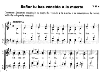 Señor tu has vencido a la muerte v 17 a
Cantemos a Jesucristo resucitado: su muerte ha vencido a la muerte, y su resurrección ha hecho
brillar la vida por la eternidad.
 