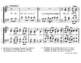 ESTROFAS
A
,.
El Se ñor ha re· c;u. ei fa· do d~nfrelosm~-tos. Pri· mi· eias de
J n
2. El Señor ha resucitado de entre los muerto,!
Oh muerte, ¿en dónde está tu victoria?
La muerte ha ,ido vencida por la J ida!
3. El Señor ha re,ucitado de entre lo, muerto,!
Cantemos la gloria del DlO, que nos salva,
cantemo, al Padre, en Cri,to, el Señor!
(1 Coro 15, 55.57)
 