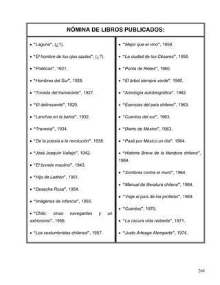 NÓMINA DE LIBROS PUBLICADOS:
• “Laguna”, (¿?).
• “El hombre de los ojos azules”, (¿?).
• “Poéticas”, 1921.
• “Hombres del Sur”, 1926.
• “Tonada del transeúnte”, 1927.
• “El delincuente”, 1929.
• “Lanchas en la bahía”, 1932.
• “Travesía”, 1934.
• “De la poesía a la revolución”, 1938.
• “José Joaquín Vallejo”, 1942.
• “El bonete maulino”, 1943.
• “Hijo de Ladrón”, 1951.
• “Desecha Rosa”, 1954.
• “Imágenes de infancia”, 1955.
• “Chile: cinco navegantes y un
astrónomo”, 1956.
• “Los costumbristas chilenos”, 1957.
• “Mejor que el vino”, 1958.
• “La ciudad de los Césares”, 1958.
• “Punta de Rieles”, 1960.
• “El árbol siempre verde”, 1960.
• “Antología autobiográfica”, 1962.
• “Esencias del país chileno”, 1963.
• “Cuentos del sur”, 1963.
• “Diario de México”, 1963.
• “Pasé por México un día”, 1964.
• “Historia Breve de la literatura chilena”,
1964.
• “Sombras contra el muro”, 1964.
• “Manual de literatura chilena”, 1964.
• “Viaje al país de los profetas”, 1969.
• “Cuentos”, 1970.
• “La oscura vida radiante”, 1971.
• “Justo Arteaga Alemparte”, 1974.
268
 