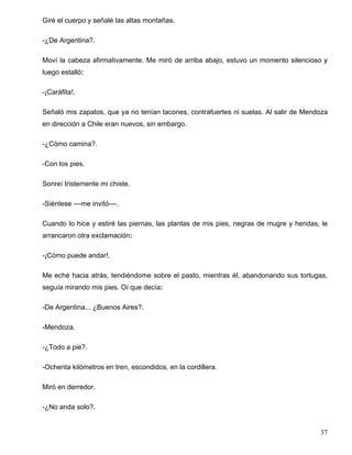 Giré el cuerpo y señalé las altas montañas.
-¿De Argentina?.
Moví la cabeza afirmativamente. Me miró de arriba abajo, estuvo un momento silencioso y
luego estalló:
-¡Caráfita!.
Señaló mis zapatos, que ya no tenían tacones, contrafuertes ni suelas. Al salir de Mendoza
en dirección a Chile eran nuevos, sin embargo.
-¿Cómo camina?.
-Con los pies.
Sonreí tristemente mi chiste.
-Siéntese ––me invitó––.
Cuando lo hice y estiré las piernas, las plantas de mis pies, negras de mugre y heridas, le
arrancaron otra exclamación:
-¡Cómo puede andar!.
Me eché hacia atrás, tendiéndome sobre el pasto, mientras él, abandonando sus tortugas,
seguía mirando mis pies. Oí que decía:
-De Argentina... ¿Buenos Aires?.
-Mendoza.
-¿Todo a pie?.
-Ochenta kilómetros en tren, escondidos, en la cordillera.
Miró en derredor.
-¿No anda solo?.
37
 