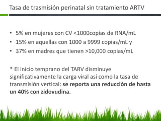 Tasa de trasmisión perinatal sin tratamiento ARTV
• 5% en mujeres con CV <1000copias de RNA/mL
• 15% en aquellas con 1000 a 9999 copias/mL y
• 37% en madres que tienen >10,000 copias/mL
* El inicio temprano del TARV disminuye
significativamente la carga viral así como la tasa de
transmisión vertical: se reporta una reducción de hasta
un 40% con zidovudina.
 