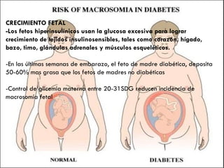 CRECIMIENTO FETAL -Los fetos hiperinsulínicos usan la glucosa excesiva para lograr crecimiento de tejidos insulinosensibles, tales como corazón, hígado, bazo, timo, glándulas adrenales y músculos esqueléticos. -En las últimas semanas de embarazo, el feto de madre diabética, deposita 50-60% mas grasa que los fetos de madres no diabéticas -Control de glicemia materna entre 20-31SDG reducen incidencia de macrosomía fetal 