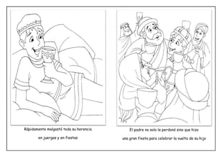 Rápidamente malgastó toda su herencia       El padre no solo le perdonó sino que hizo

       en juergas y en fiestas          una gran fiesta para celebrar la vuelta de su hijo
 