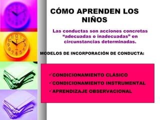 CÓMO APRENDEN LOS NIÑOS Las conductas son acciones concretas “adecuadas o inadecuadas” en circunstancias determinadas. MODELOS DE INCORPORACIÓN DE CONDUCTA: CONDICIONAMIENTO CLÁSICO CONDICIONAMIENTO INSTRUMENTAL APRENDIZAJE OBSERVACIONAL 