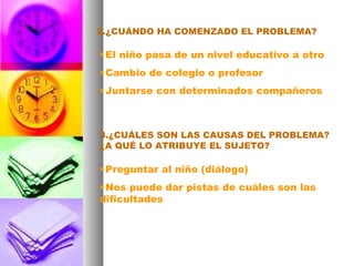 2.¿CUÁNDO HA COMENZADO EL PROBLEMA? El niño pasa de un nivel educativo a otro Cambio de colegio o profesor Juntarse con determinados compañeros 3.¿CUÁLES SON LAS CAUSAS DEL PROBLEMA? ¿A QUÉ LO ATRIBUYE EL SUJETO? Preguntar al niño (diálogo) Nos puede dar pistas de cuáles son las dificultades 