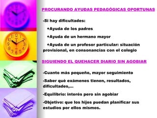 PROCURANDO AYUDAS PEDAGÓGICAS OPORTUNAS -Si hay dificultades: +Ayuda de los padres +Ayuda de un hermano mayor +Ayuda de un profesor particular: situación  provisional, en consonancias con el colegio  SIGUIENDO EL QUEHACER DIARIO SIN AGOBIAR -Cuanto más pequeño, mayor seguimiento -Saber qué exámenes tienen, resultados, dificultades,… -Equilibrio: interés pero sin agobiar -Objetivo: que los hijos puedan planificar sus estudios por ellos mismos. 