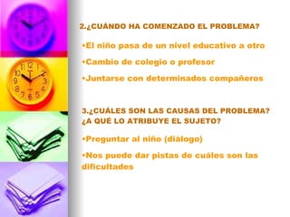 2.¿CUÁNDO HA COMENZADO EL PROBLEMA? El niño pasa de un nivel educativo a otro Cambio de colegio o profesor Juntarse con determinados compañeros 3.¿CUÁLES SON LAS CAUSAS DEL PROBLEMA? ¿A QUÉ LO ATRIBUYE EL SUJETO? Preguntar al niño (diálogo) Nos puede dar pistas de cuáles son las dificultades 