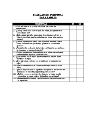 EVALUACION PERSONAL
                             PARA PADRES

                           PREGUNTAS                                 SI   NO
1.- ¿Con frecuencia le grito a mis hijos, para que me
    obedezcan?
2.- ¿Le doy a mis hijos todo lo que me piden, sin pensar si lo
     necesitan o no?
3.- ¿Dejas pasar por alto cosas que deberías corregir en la
     vida de tus hijos, que lo perjudicarían en su futuro como
     adulto?
5.- ¿Te has preocupado de su vida espiritual o lo vas a dejar
     como una decisión que tu hijo que tomar cuando sea
     grande?
6.- ¿Pones limite en la vida de tu hijo, o el hace lo que se le da
     la gana con tu consentimiento?
7.- ¿Te has preocupado de enseñarle a tu hijo a que colabore
     en el orden de algunas cosas en casa?
8.- ¿Que tipo de cosas estas permitiendo que entren en la
     mente de tu hijo?
9.- ¿Eres agresivo, violento en el trato con tu esposa y tus
     hijos?
10.- ¿Estas pensando en el futuro académico, laboral de tu
      hijo?
11.- ¿Estas dejando que tu hijo tome sus propias decisiones en
      cosas que él no esta preparado para hacerlo?
12.- ¿Tu hijo reconoce siempre los líos que el hace, o esta
      echándole la culpa a otros de los líos que el hace?
13.- ¿Tus estas enfrentando y solucionando los problemas que
      tu hijo hace?
 