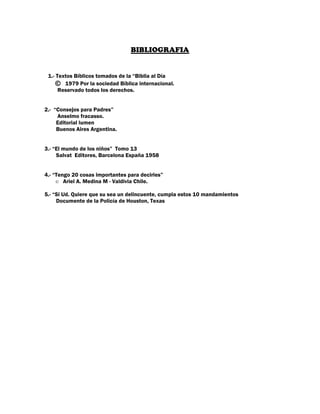 BIBLIOGRAFIA


 1.- Textos Bíblicos tomados de la “Biblia al Día
    © 1979 Por la sociedad Bíblica internacional.
      Reservado todos los derechos.


2.- “Consejos para Padres”
     Anselmo fracasso.
     Editorial lumen
     Buenos Aires Argentina.


3.- “El mundo de los niños” Tomo 13
     Salvat Editores, Barcelona España 1958


4.- “Tengo 20 cosas importantes para decirles”
      Ariel A. Medina M - Valdivia Chile.


5.- “Si Ud. Quiere que su sea un delincuente, cumpla estos 10 mandamientos
     Documente de la Policía de Houston, Texas
 