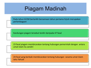 Piagam Madinah
Pada tahun 622M bertarikh bersamaan tahun pertama hijrah merupakan
perlembagaan
Kandungan piagam tersebut terdiri daripada 47 fasal
23 fasal piagam membicarakan tentang hubungan pemerintah dengan antara
umat Islam itu sendiri
24 fasal yang berbaki membicarakan tentang hubungan sesama umat Islam
iaitu Yahudi
 