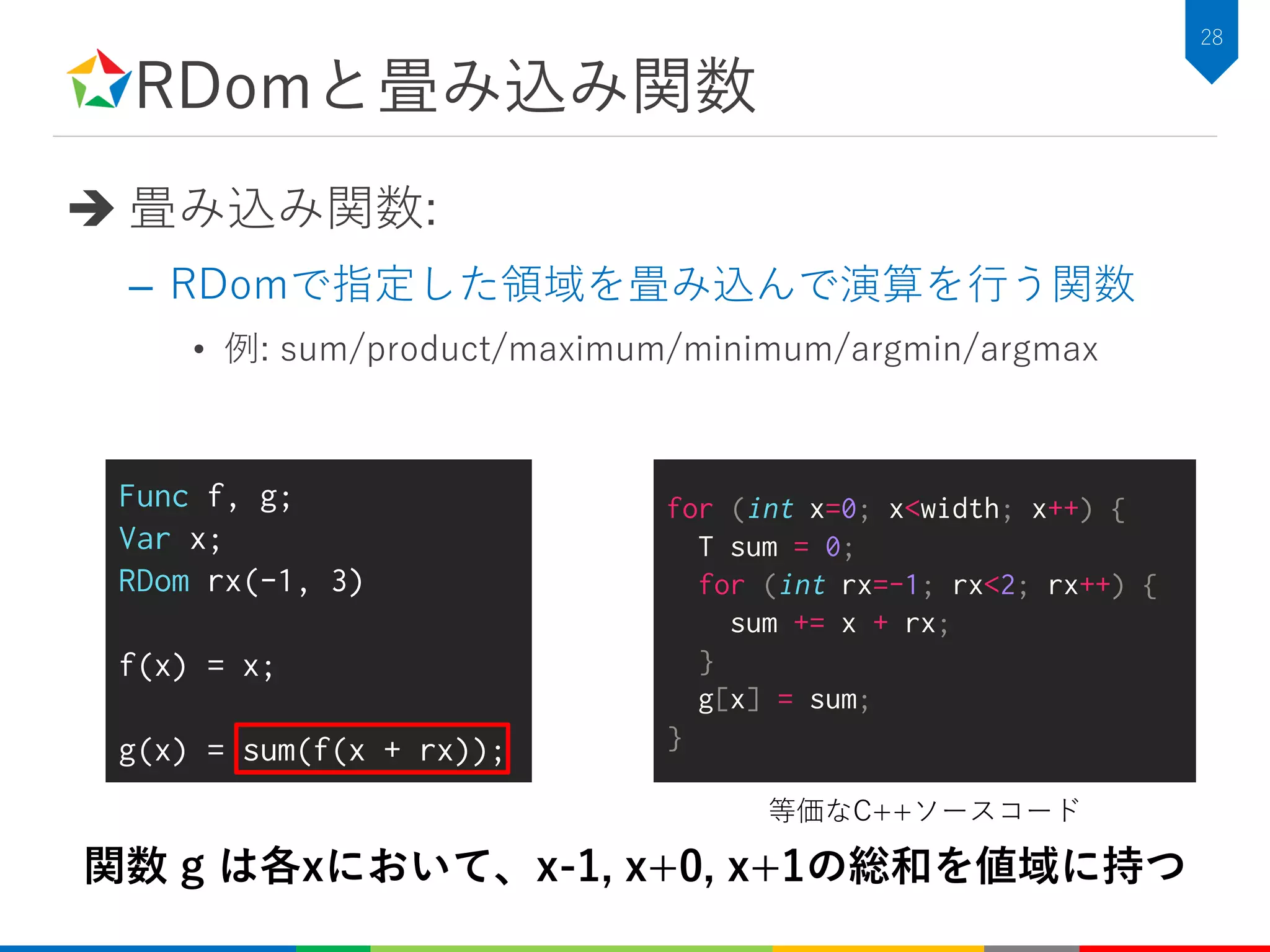 RDomと畳み込み関数
 畳み込み関数:
– RDomで指定した領域を畳み込んで演算を行う関数
• 例: sum/product/maximum/minimum/argmin/argmax
28
Func f, g;
Var x;
RDom rx(-1, 3)
f(x) = x;
g(x) = sum(f(x + rx));
関数 g は各xにおいて、x-1, x+0, x+1の総和を値域に持つ
for (int x=0; x<width; x++) {
T sum = 0;
for (int rx=-1; rx<2; rx++) {
sum += x + rx;
}
g[x] = sum;
}
等価なC++ソースコード
 