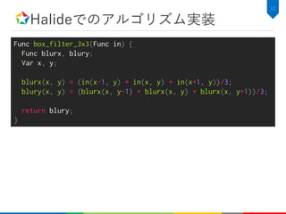 Halideでのアルゴリズム実装
11
Func box_filter_3x3(Func in) {
Func blurx, blury;
Var x, y;
blurx(x, y) = (in(x-1, y) + in(x, y) + in(x+1, y))/3;
blury(x, y) = (blurx(x, y-1) + blurx(x, y) + blurx(x, y+1))/3;
return blury;
}
 