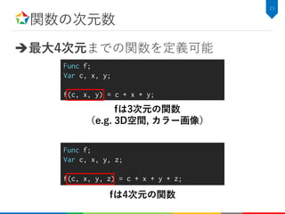 関数の次元数
最大4次元までの関数を定義可能
23
Func f;
Var c, x, y;
f(c, x, y) = c + x + y;
Func f;
Var c, x, y, z;
f(c, x, y, z) = c + x + y + z;
fは3次元の関数
（e.g. 3D空間, カラー画像）
fは4次元の関数
 
