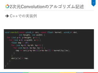 2次元Convolutionのアルゴリズム記述
 C++での実装例
34
void conv3x3(const uint8_t* src, const float* kernel, uint8_t* dst,
int height, int width) {
for (int y=0; y<height; y++) {
for (int x=0; x<width; x++) {
float tmp = .0f;
for (int ky=0; ky<kh; ky++) {
for (int kx=0; kx<kw; kx++) {
tmp += src[y+ky-kh/2][x+kx-kw/2] * kernel[ky][kx];
}
}
dst[y][x] = tmp;
}
}
}
 