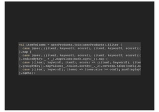 val itemToItems = userProducts.join(userProducts).filter {
case (user, ((item1, keyword1, score1), (item2, keyword2, score2))) => item1
}.map {
case (user, ((item1, keyword1, score1), (item2, keyword2, score2))) => ((item
}.reduceByKey(_ + _).mapValues(math.sqrt(_)).map {
case ((item1, keyword1, item2), score) => ((item1, keyword1), (item2, score))
}.groupByKey().mapValues(_.toList.sortBy(_._2).reverse.take(config.numDisplayIt
case ((item1, keyword1), items) => items.size >= config.numDisplayItems
}.cache()
 