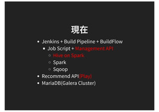 Jenkins + Build Pipeline + BuildFlow
Job Script + Management API
Hive on Spark
Spark
Sqoop
Recommend API(Play)
MariaDB(Galera Cluster)
 