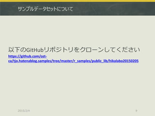 サンプルデータセットについて
2015/2/4 9
以下のGitHubリポジトリをクローンしてください
https://github.com/ozt-
ca/tjo.hatenablog.samples/tree/master/r_samples/public_lib/hikalabo20150205
 