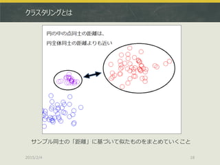 クラスタリングとは
2015/2/4 18
サンプル同士の「距離」に基づいて似たものをまとめていくこと
 