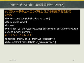 “chess”データに対して機械学習を行ってみる(2)
2015/2/4 32
# パラメータチューニングをしながら機械学習を行う
# SVM
d.tune<-tune.svm(label~.,data=d_train)
d.tune$best.model
d.svm<-
svm(label~.,d_train,cost=d.tune$best.model$cost,gamma=d.tun
e$best.model$gamma)
# ランダムフォレスト
tuneRF(d_train[,-36],d_train[,36],doBest=T)
d.rf<-randomForest(label~.,d_train,mtry=20)
 