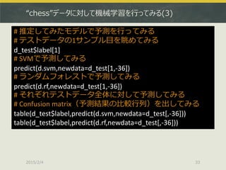 “chess”データに対して機械学習を行ってみる(3)
2015/2/4 33
# 推定してみたモデルで予測を行ってみる
# テストデータの1サンプル目を眺めてみる
d_test$label[1]
# SVMで予測してみる
predict(d.svm,newdata=d_test[1,-36])
# ランダムフォレストで予測してみる
predict(d.rf,newdata=d_test[1,-36])
# それぞれテストデータ全体に対して予測してみる
# Confusion matrix（予測結果の比較行列）を出してみる
table(d_test$label,predict(d.svm,newdata=d_test[,-36]))
table(d_test$label,predict(d.rf,newdata=d_test[,-36]))
 