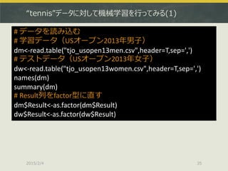 “tennis”データに対して機械学習を行ってみる(1)
2015/2/4 35
# データを読み込む
# 学習データ（USオープン2013年男子）
dm<-read.table("tjo_usopen13men.csv",header=T,sep=',')
# テストデータ（USオープン2013年女子）
dw<-read.table("tjo_usopen13women.csv",header=T,sep=',')
names(dm)
summary(dm)
# Result列をfactor型に直す
dm$Result<-as.factor(dm$Result)
dw$Result<-as.factor(dw$Result)
 