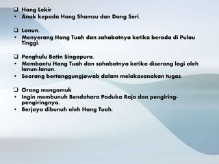  Hang Lekir
• Anak kepada Hang Shamsu dan Dang Seri.
 Lanun.
• Menyerang Hang Tuah dan sahabatnya ketika berada di Pulau
Tinggi.
 Penghulu Batin Singapura.
• Membantu Hang Tuah dan sahabatnya ketika diserang lagi oleh
lanun-lanun.
• Seorang bertanggungjawab dalam melakasanakan tugas.
 Orang mengamuk
• Ingin membunuh Bendahara Paduka Raja dan pengiring-
pengiringnya.
• Berjaya dibunuh oleh Hang Tuah.
 