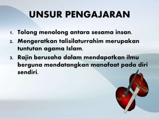 UNSUR PENGAJARAN
1. Tolong menolong antara sesama insan.
2. Mengeratkan talisilaturrahim merupakan
tuntutan agama Islam.
3. Rajin berusaha dalam mendapatkan ilmu
berguna mendatangkan manafaat pada diri
sendiri.
 