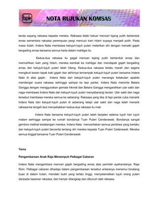 tanda sayang raksasa kepada mereka. Raksasa lelaki keluar mencari kijang putih bertanduk
emas sementara raksasa perempuan pergi mencuci kain hitam supaya menjadi putih. Pada
masa itulah, Indera Nata membawa ketujuh-tujuh puteri melarikan diri dengan menaiki gajah
bergading emas bersama semua harta dalam mahligai itu.

             Kedua-dua raksasa itu gagal mencari kijang putih bertanduk emas dan
memutihkan kain yang hitam, mereka kembali ke mahligai dan mendapati gajah bergading
emas dan ketujuh-tujuh puteri telah hilang. Kedua-dua raksasa terlalu marah dan segera
mengikuti kesan tapak kaki gajah dan akhirnya ternampak ketujuh-tujuh puteri bersama Indera
Nata di atas gajah.    Indera Nata dan ketujuh-tujuh puteri menangis ketakutan apabila
mendengar suara raksasa sehingga sampai ke tepi pantai. Indera Nata meminta Betara
Gangga dengan menggunakan gemala hikmat dan Betara Gangga mengarahkan ular sakti dan
naga membawa Indera Nata dan ketujuh-tujuh puteri menyeberangi lautan. Ular sakti dan naga
tersebut membawa mereka semua ke seberang. Raksasa yang tiba di tepi pantai cuba menarik
Indera Nata dan ketujuh-tujuh puteri di seberang tetapi ular sakti dan naga telah menarik
raksasa ke tengah laut menyebabkan kedua-dua raksasa itu mati.

            Indera Nata bersama ketujuh-tujuh puteri telah berjalan selama tujuh hari tujuh
malam sehingga sampai ke rumah bondanya Tuan Puteri Cenderawati. Bondanya sangat
gembira melihat kedatangan mereka. Indera Nata menceritakan semua peristiwa yang berlaku
dan ketujuh-tujuh puteri bercerita tentang diri mereka kepada Tuan Puteri Cederawati. Mereka
semua tinggal bersama Tuan Puteri Cenderawati.




Tema

Pengembaraan Anak Raja Menempuh Pelbagai Cabaran

Indera Nata mengembara mencari gajah bergading emas atas perintah ayahandanya, Raja
Rom. Pelbagai cabaran dihadapi dalam pengembaraan tersebut antaranya menemui binatang
buas di dalam hutan, mendaki bukit yang terlalu tinggi, menyelamatkan tujuh orang puteri
daripada tawanan raksasa, dan hampir ditangkap dan dibunuh oleh raksasa.
 