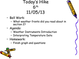 Today’s Hike
6th
11/05/13
• Bell Work:

– What weather fronts did you read about in
section 2?

• Agenda:

– Weather Instruments Introduction
– Interpreting Temperature Data

• Homework:

– Finish graph and questions

 