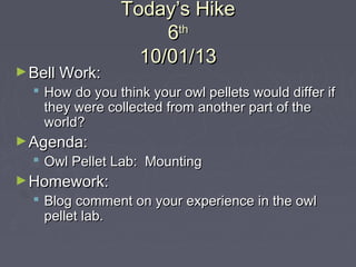 Today’s HikeToday’s Hike
66thth
10/01/1310/01/13
►Bell Work:Bell Work:
 How do you think your owl pellets would differ ifHow do you think your owl pellets would differ if
they were collected from another part of thethey were collected from another part of the
world?world?
►Agenda:Agenda:
 Owl Pellet Lab: MountingOwl Pellet Lab: Mounting
►Homework:Homework:
 Blog comment on your experience in the owlBlog comment on your experience in the owl
pellet lab.pellet lab.
 